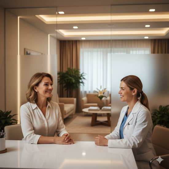 Modern klinikte sağlıklı orta yaş kadın ve doktor, menopoz tedavisi ve danışmanlık, Medicina/ İstanbul Menopoz Tedavisi